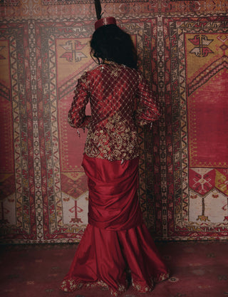 Maroon drape skirt and jacket set