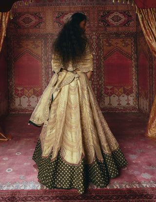Gold and dark green pure tissue lehenga set