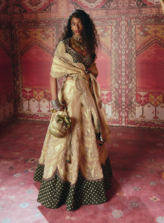 Gold and dark green pure tissue lehenga set