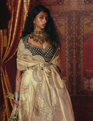 Gold and dark green pure tissue lehenga set