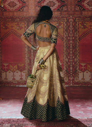 Gold and dark green pure tissue lehenga set