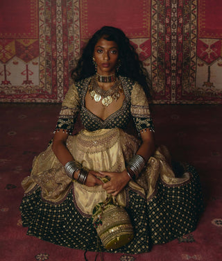 Gold and dark green pure tissue lehenga set