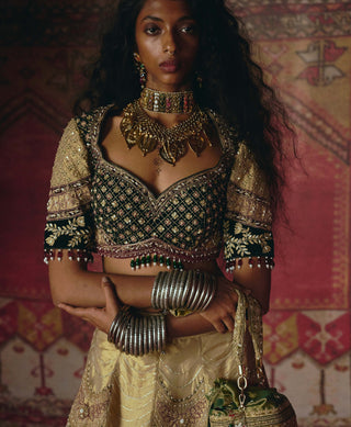 Gold and dark green pure tissue lehenga set