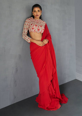 Bhumika Sharma-Red Draped Ruffle Sari And Blouse-INDIASPOPUP.COM
