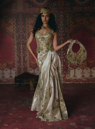 Pearl-gold draped skirt and corset set