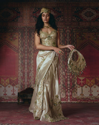 Pearl-gold draped skirt and corset set