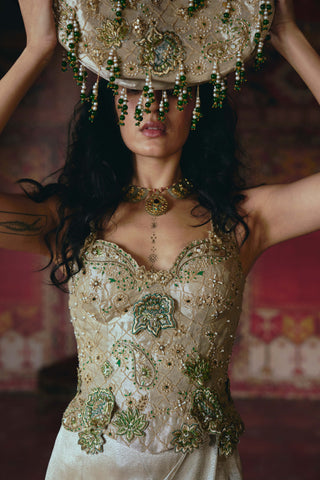 Pearl-gold draped skirt and corset set