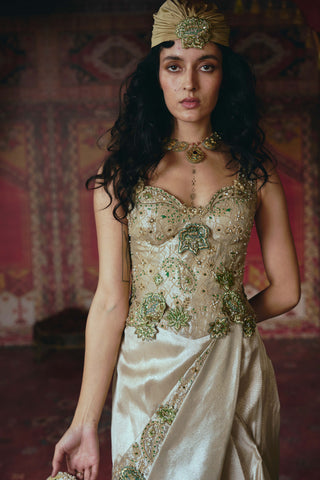 Pearl-gold draped skirt and corset set