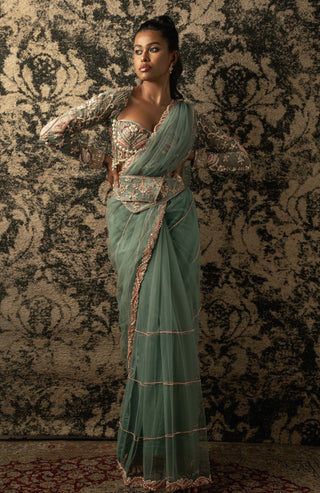 Jigar And Nikita-Dusky Turquoise Net Sari Set-INDIASPOPUP.COM