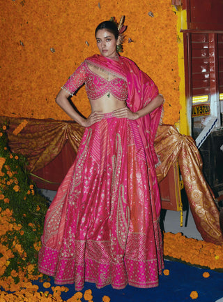 Abstract pink silk banarsi lehenga set