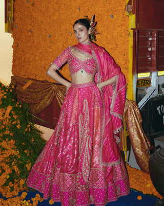 Abstract pink silk banarsi lehenga set