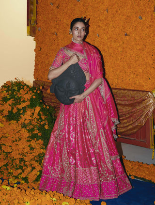 Abstract pink silk banarsi lehenga set