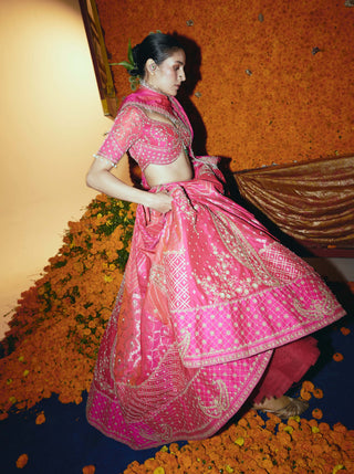 Abstract pink silk banarsi lehenga set
