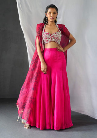Bhumika Sharma-Fuchsia Pink Blossom Cape And Sharara Set-INDIASPOPUP.COM