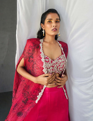 Bhumika Sharma-Fuchsia Pink Blossom Cape And Sharara Set-INDIASPOPUP.COM