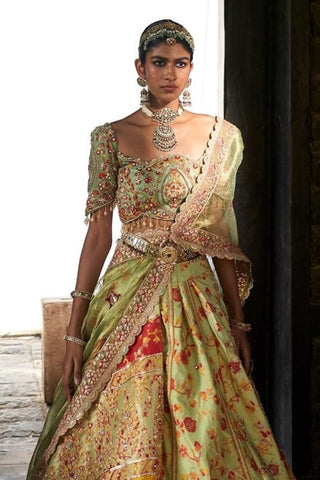 Pista Green Kani Silk Lehenga Set by Aditi Gupta available on Indiaspopup.com