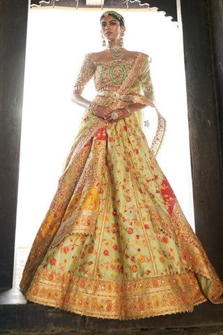 Pista Green Kani Silk Lehenga Set by Aditi Gupta available on Indiaspopup.com