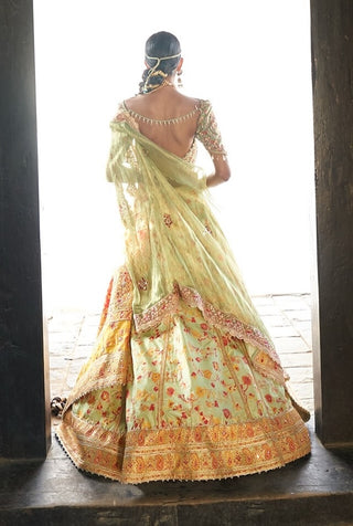 Pista Green Kani Silk Lehenga Set by Aditi Gupta available on Indiaspopup.com