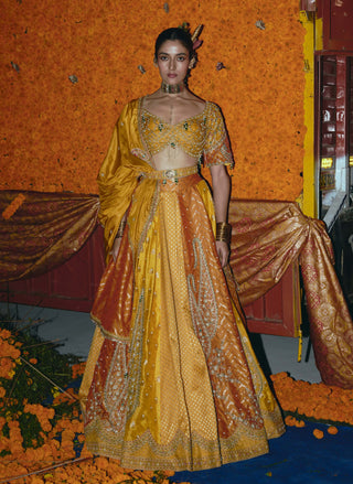 Yellow and ochre silk banarsi lehenga set