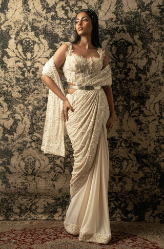Ivory silk satin sari set