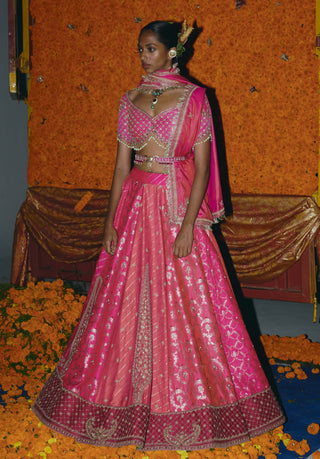 Panelled hot pink banarsi lehenga set