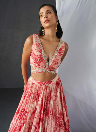 Bhumika Sharma-Champagne-Red Blossom Print Skirt And Blouse-INDIASPOPUP.COM