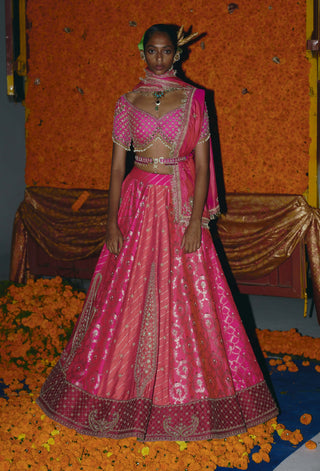 Panelled hot pink banarsi lehenga set