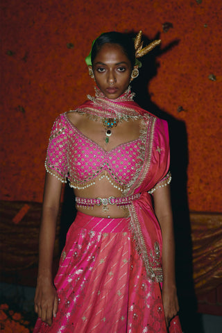 Panelled hot pink banarsi lehenga set