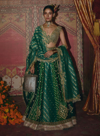 Green and teal silk banarsi lehenga set