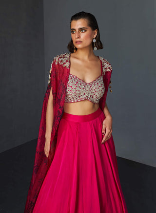 Bhumika Sharma-Fuchsia Pink Embroidered Cape And Lehenga Set-INDIASPOPUP.COM