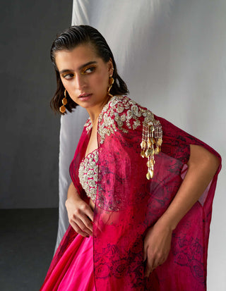 Bhumika Sharma-Fuchsia Pink Embroidered Cape And Lehenga Set-INDIASPOPUP.COM