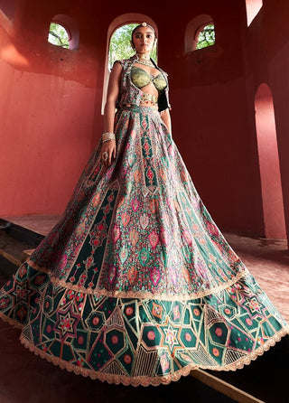 Dark Green Jamawar Lehenga Set by Aditi Gupta available on Indiaspopup.com