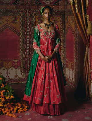 Red open jacket anarkali set