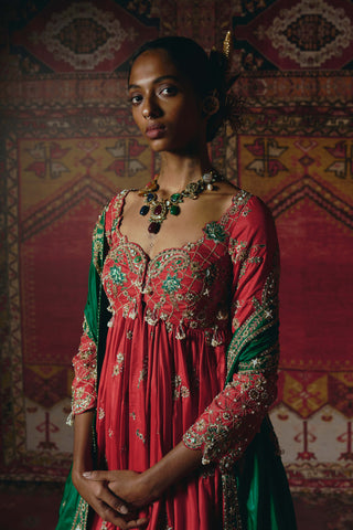 Red open jacket anarkali set