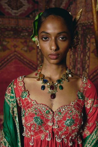 Red open jacket anarkali set