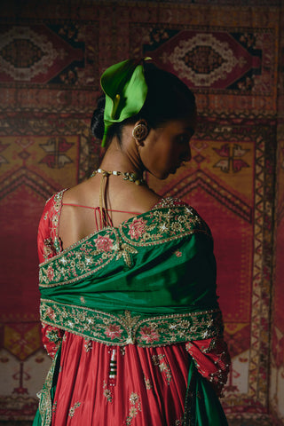 Red open jacket anarkali set