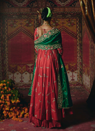 Red open jacket anarkali set