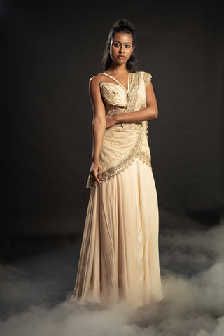 Jigar And Nikita-Light Gold Pre-Draped Sari And Blouse-INDIASPOPUP.COM