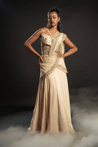 Jigar And Nikita-Light Gold Pre-Draped Sari And Blouse-INDIASPOPUP.COM