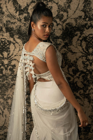 Jigar And Nikita-Chalk Draped Skirt Sari Set-INDIASPOPUP.COM