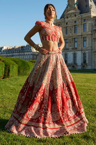 Red And Green Lehenga Set by Jigar And Nikita, available on Indiaspopup.com