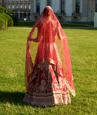 Red And Green Lehenga Set by Jigar And Nikita, available on Indiaspopup.com