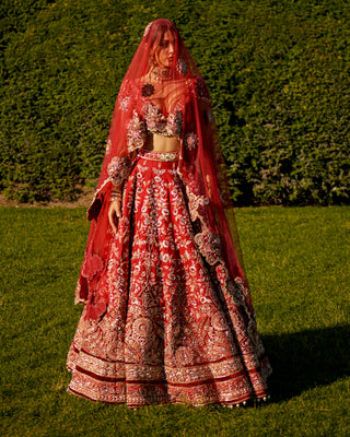 Crimson Red Lehenga Set by Jigar And Nikita, available on Indiaspopup.com