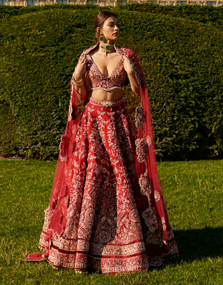 Crimson Red Lehenga Set by Jigar And Nikita, available on Indiaspopup.com