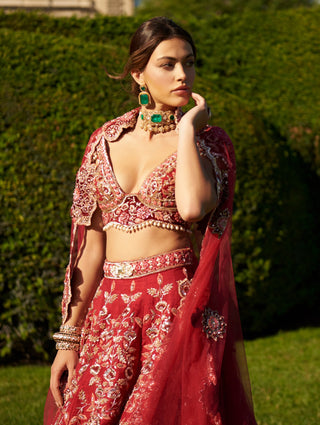 Crimson Red Lehenga Set by Jigar And Nikita, available on Indiaspopup.com