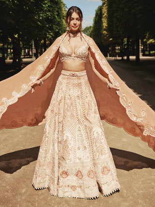 Rust Beige Bridal Lehenga Set by Jigar And Nikita, available on Indiaspopup.com