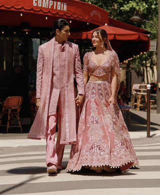 Pink Embroidery Sherwani Set by Jigar And Nikita Men, available on Indiaspopup.com