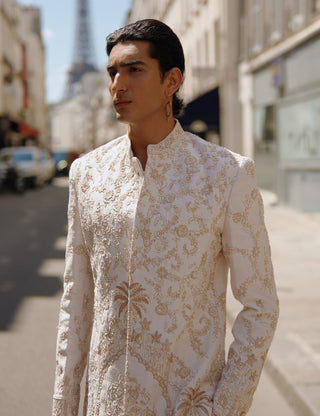 White & Gold Sherwani Set by Jigar And Nikita Men, available on Indiaspopup.com