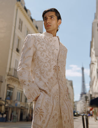 White & Gold Sherwani Set by Jigar And Nikita Men, available on Indiaspopup.com