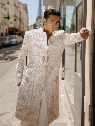 White & Gold Sherwani Set by Jigar And Nikita Men, available on Indiaspopup.com